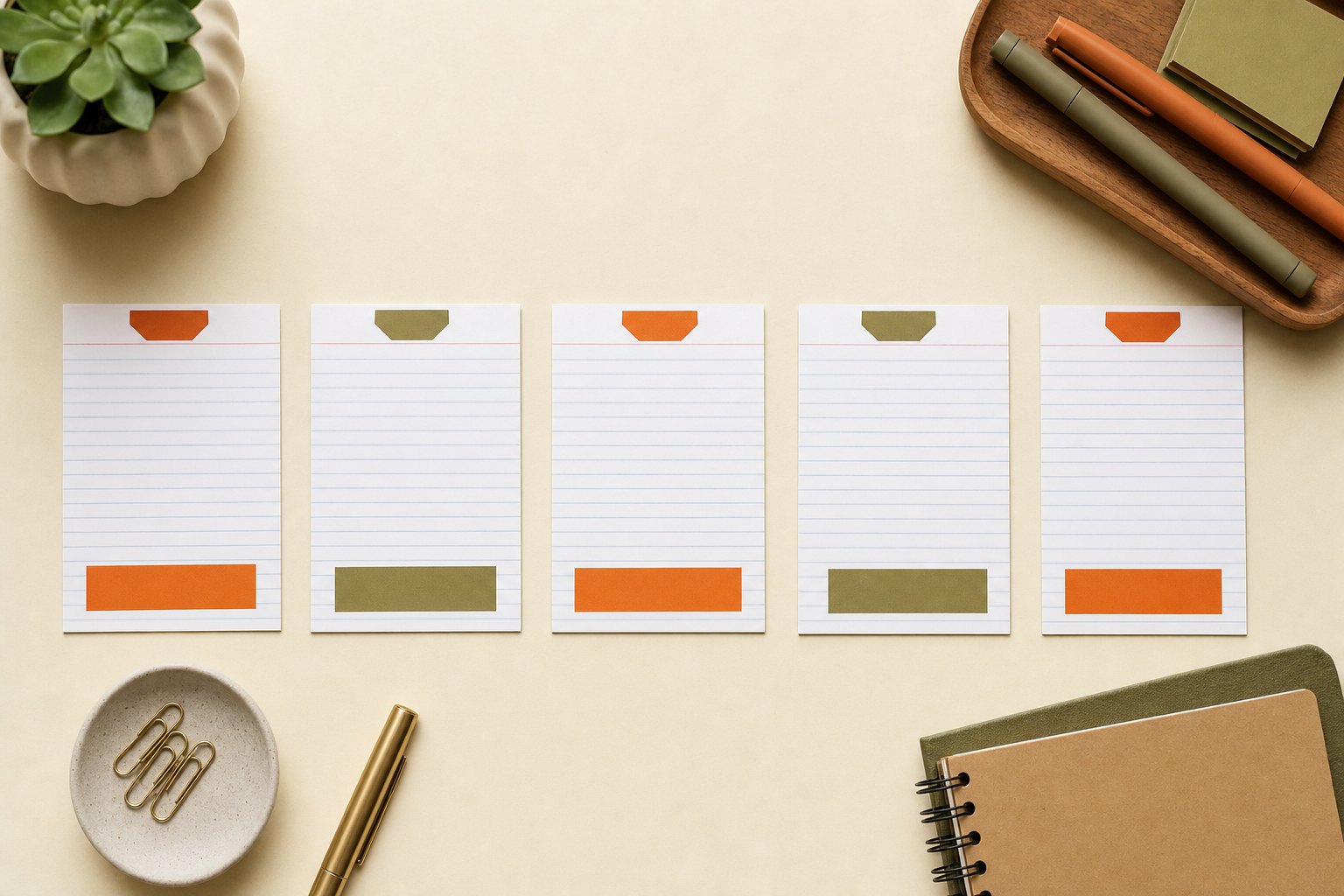 Five blank note cards arranged in a row on a cream work surface