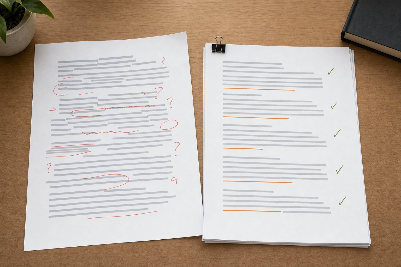 Two draft pages, one marked for revision and one checked for completion
