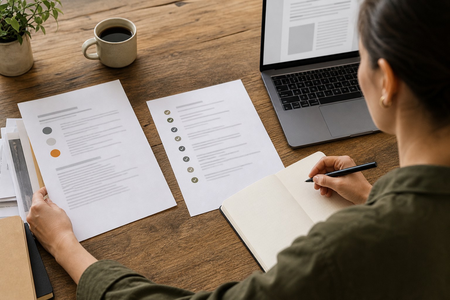 Recruiter reviewing a job-description checklist beside a laptop and notebook