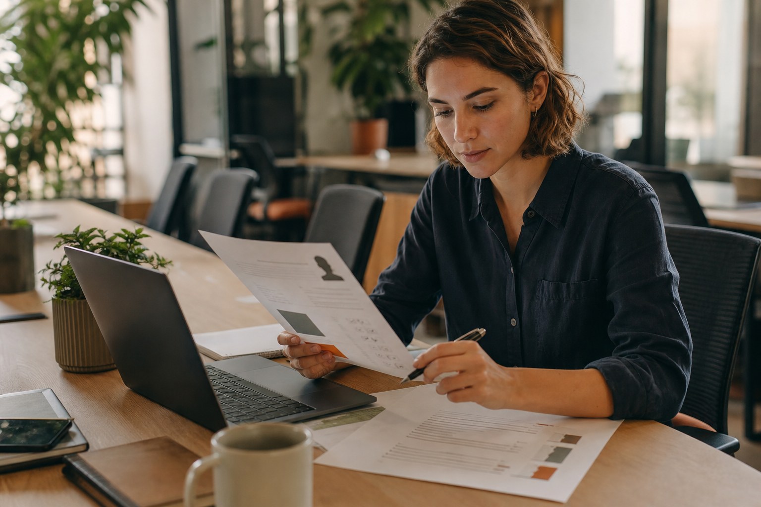 Recruiter reviewing an anonymous candidate brief and interview notes at a worktable
