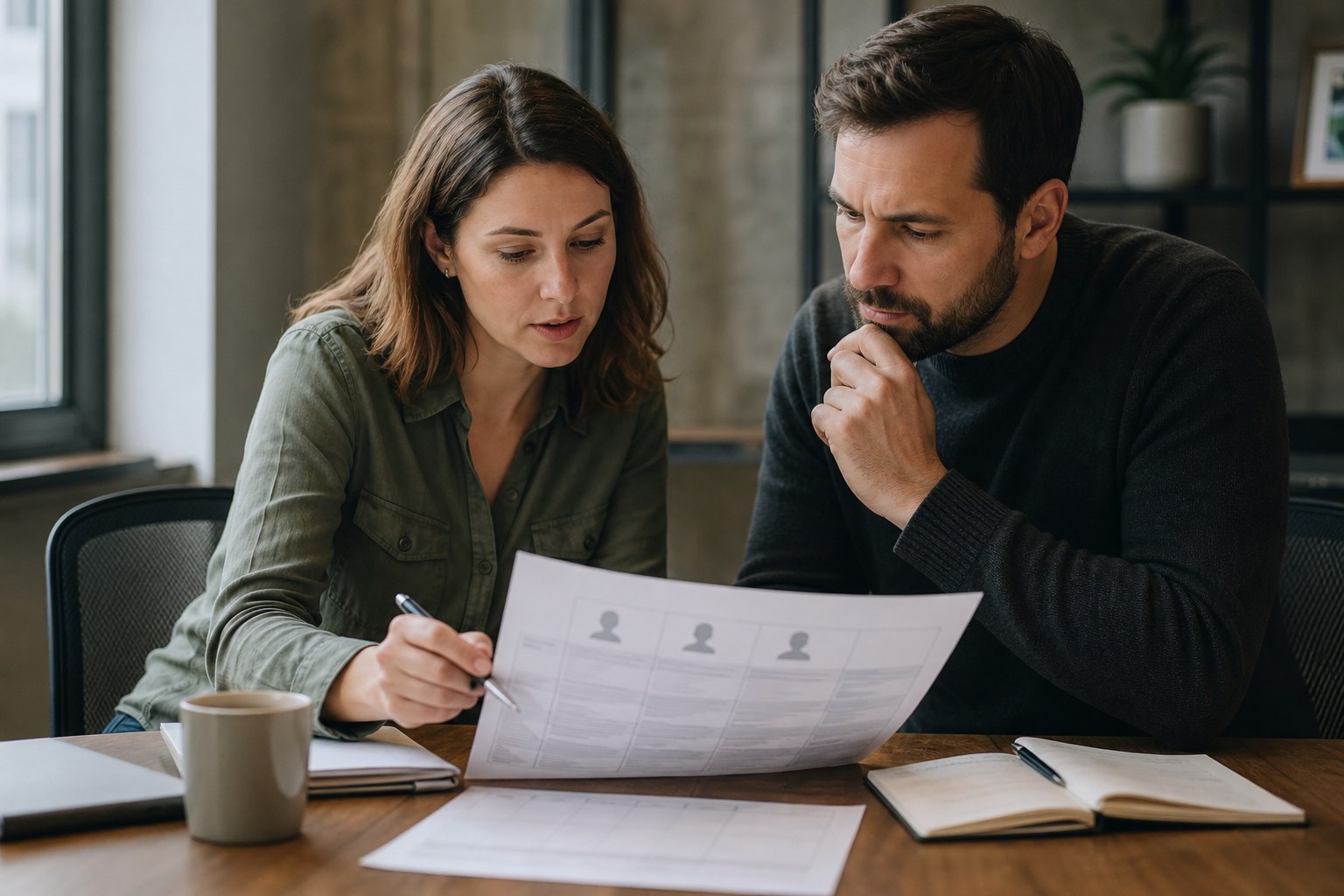 Recruiters reviewing an anonymized candidate comparison worksheet together