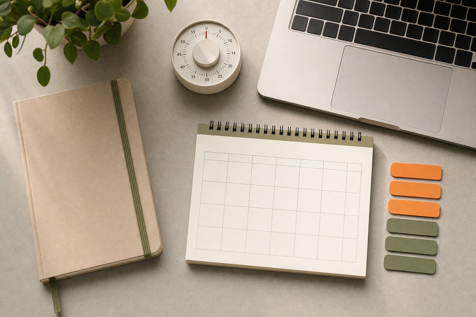 Notebook, timer, calendar pad, and laptop arranged for a focused work session