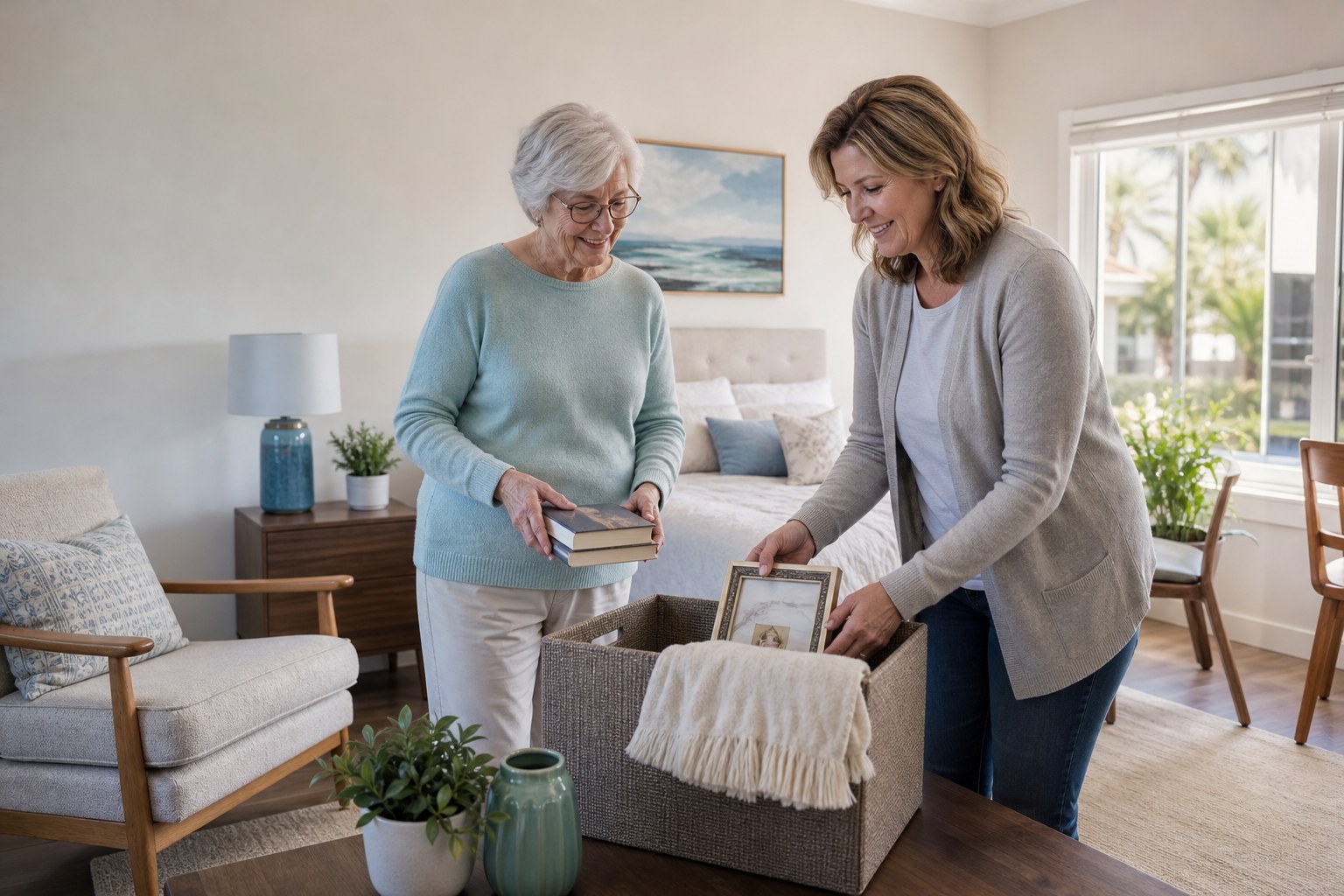 Older woman and adult daughter arranging familiar belongings in a bright new apartment