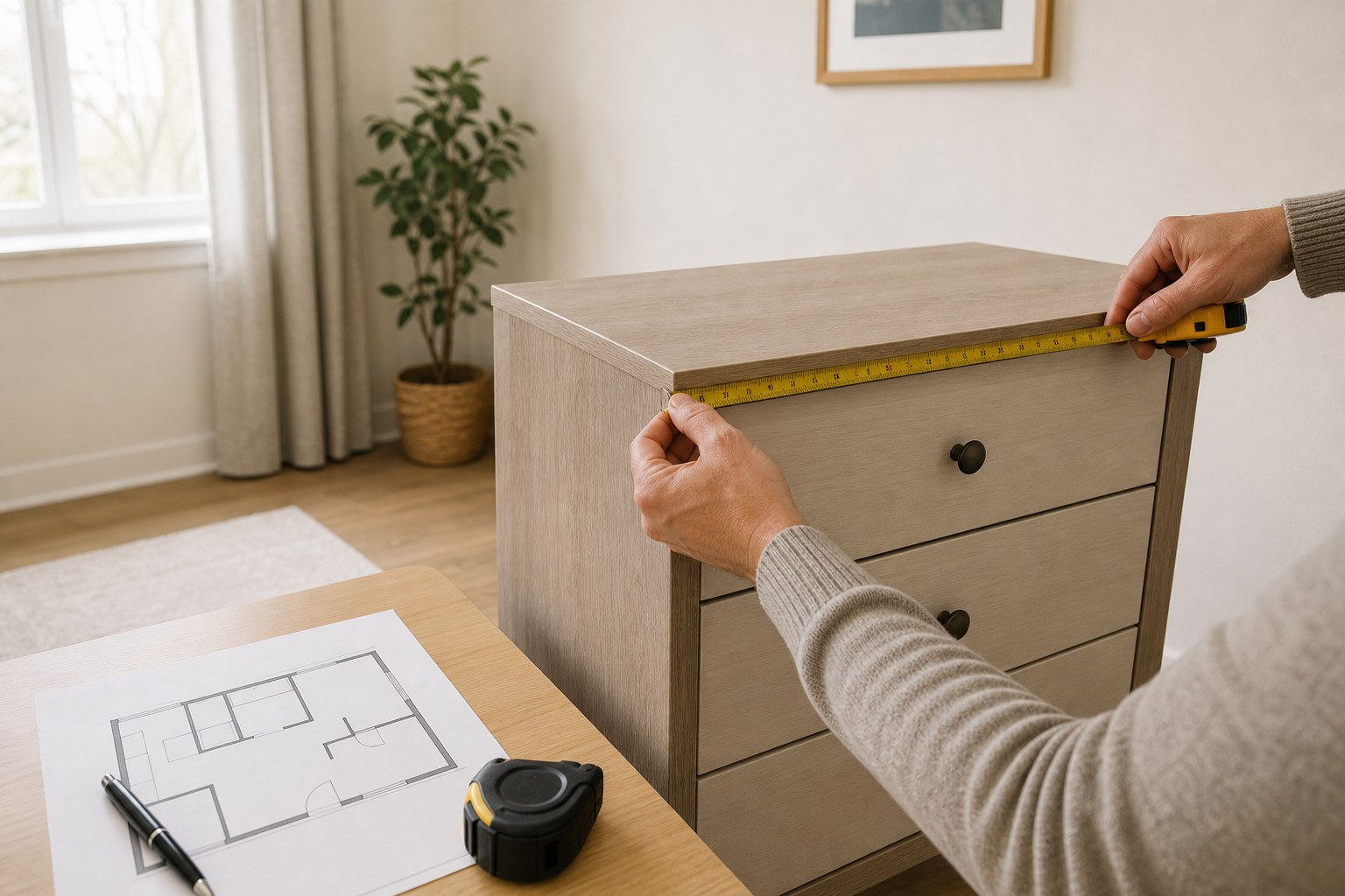 Hands measuring a dresser beside a simple room plan before a move