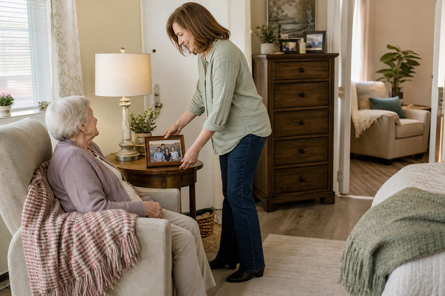 Adult daughter helping an older woman make her new room feel familiar
