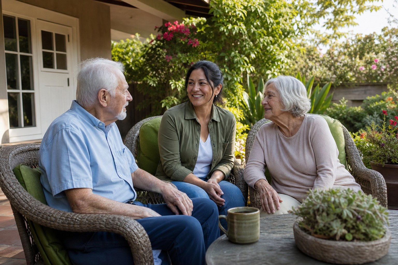 Older adults and a caregiver talking in a shaded Southern California garden