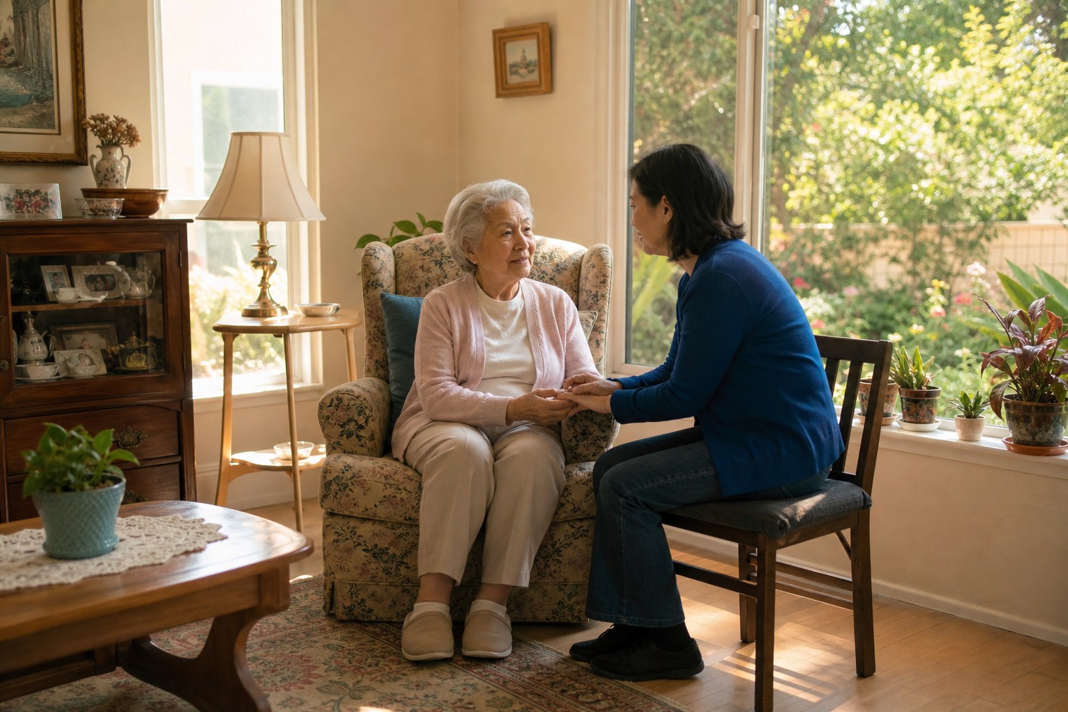 Older woman spending time with her adult daughter in a bright, home-like living room