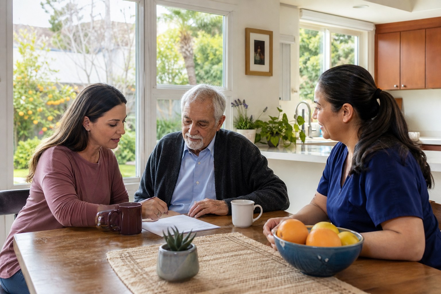 Family reviewing care questions with a caregiver in a sunny residential kitchen