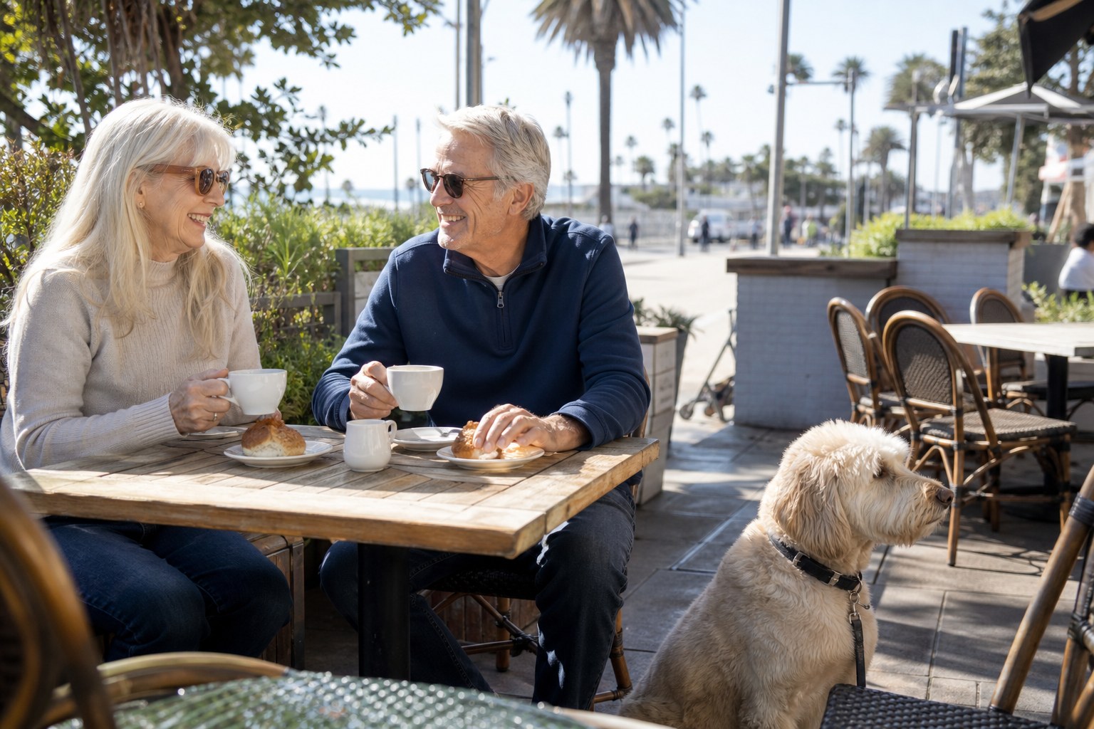 Older couple enjoying coffee with their dog on an outdoor Santa Monica patio