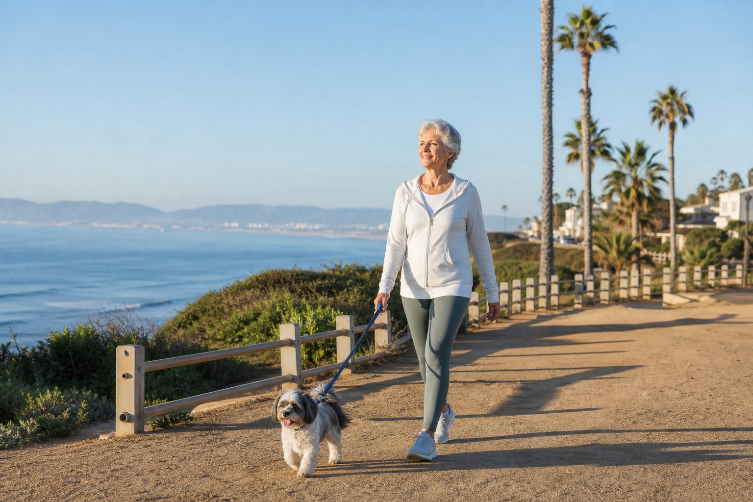 Older woman walking her small dog along a Santa Monica ocean-view path