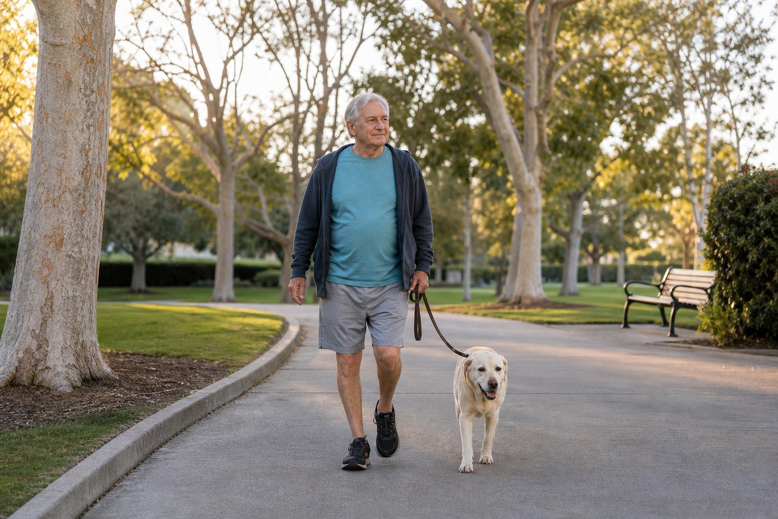 Older man walking his dog on a gentle park path