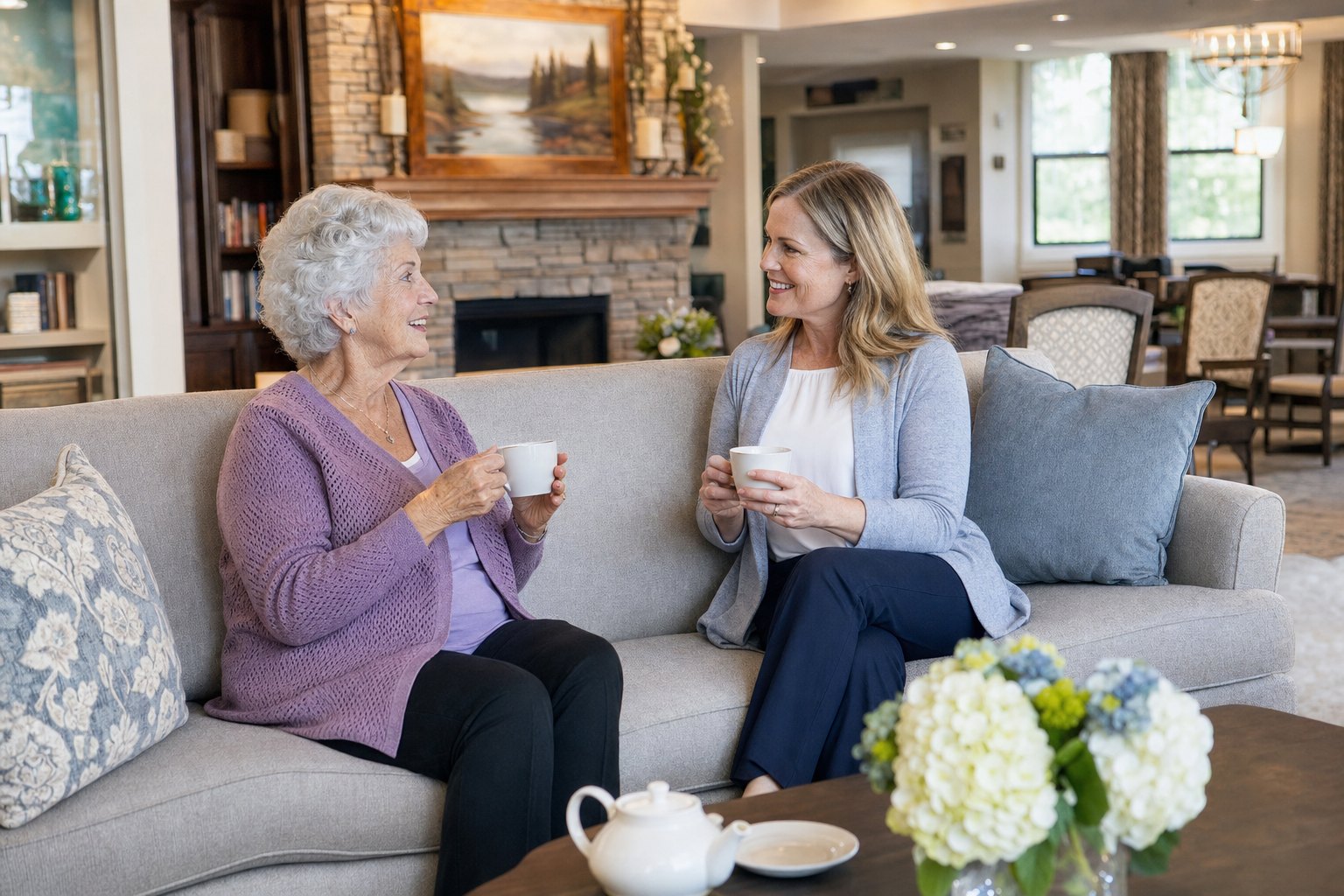 Older adult and caregiver talking in a welcoming community lounge
