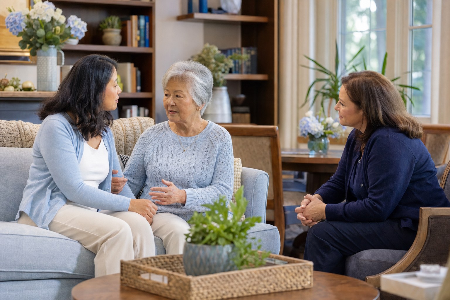 Senior and family member speaking with a community team member in a residential lounge