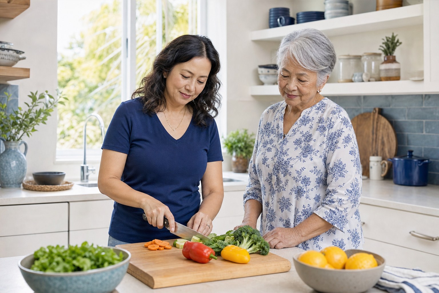 Older adult and adult daughter preparing a meal together in a bright kitchen