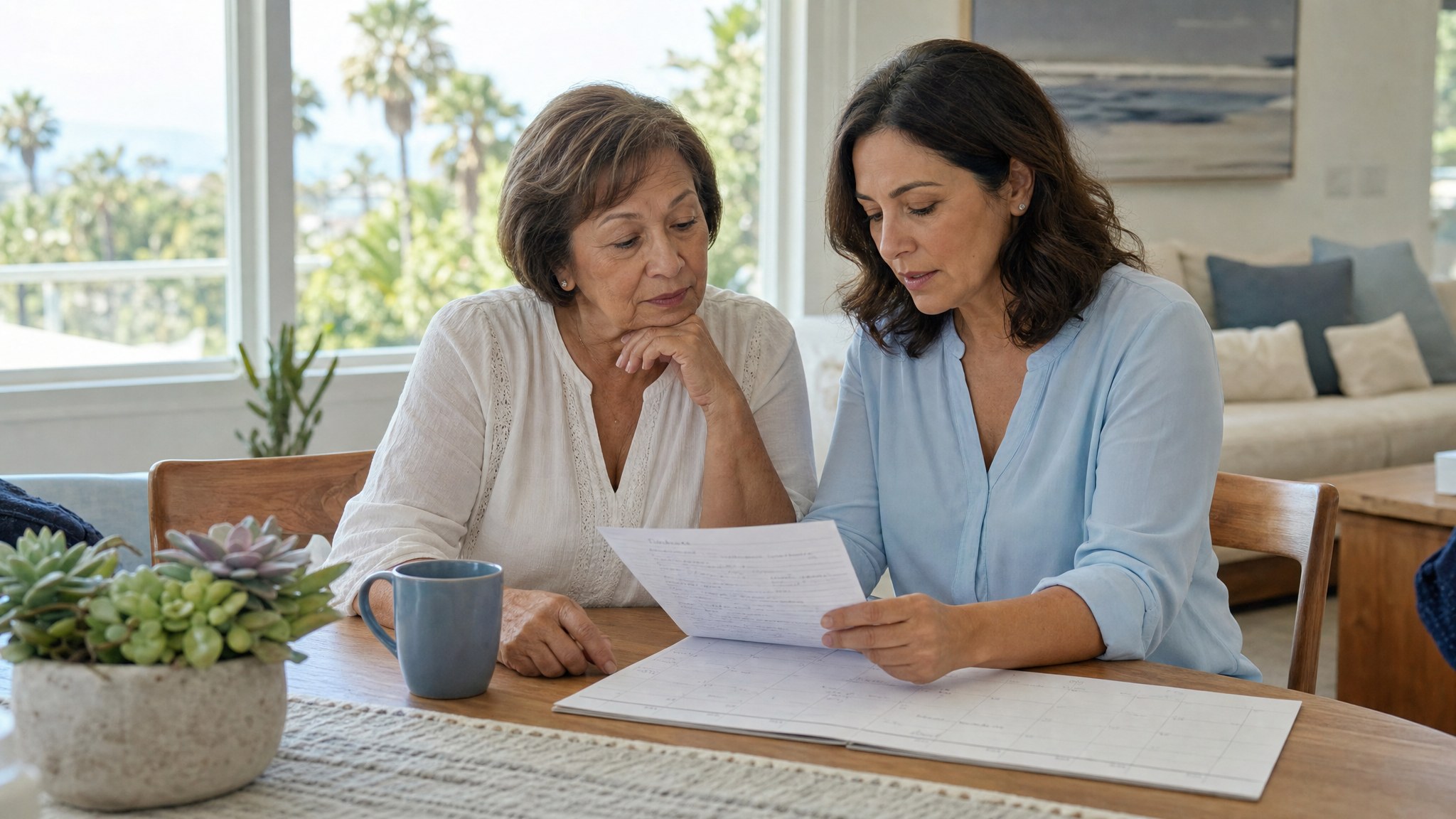 Older woman and her adult daughter reviewing care needs together at home