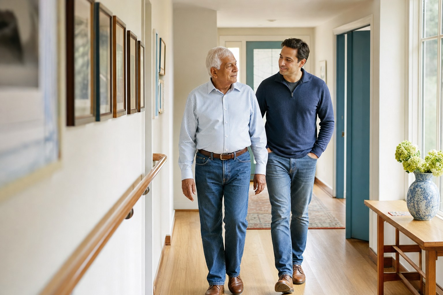 Older man walking through a clear home hallway with his adult son nearby