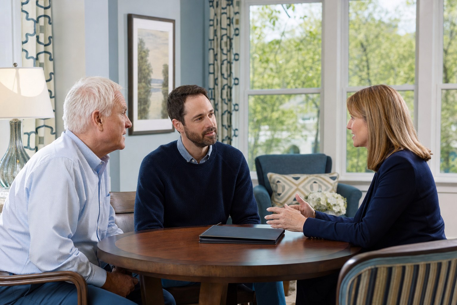 Family discussing care needs with a senior living advisor