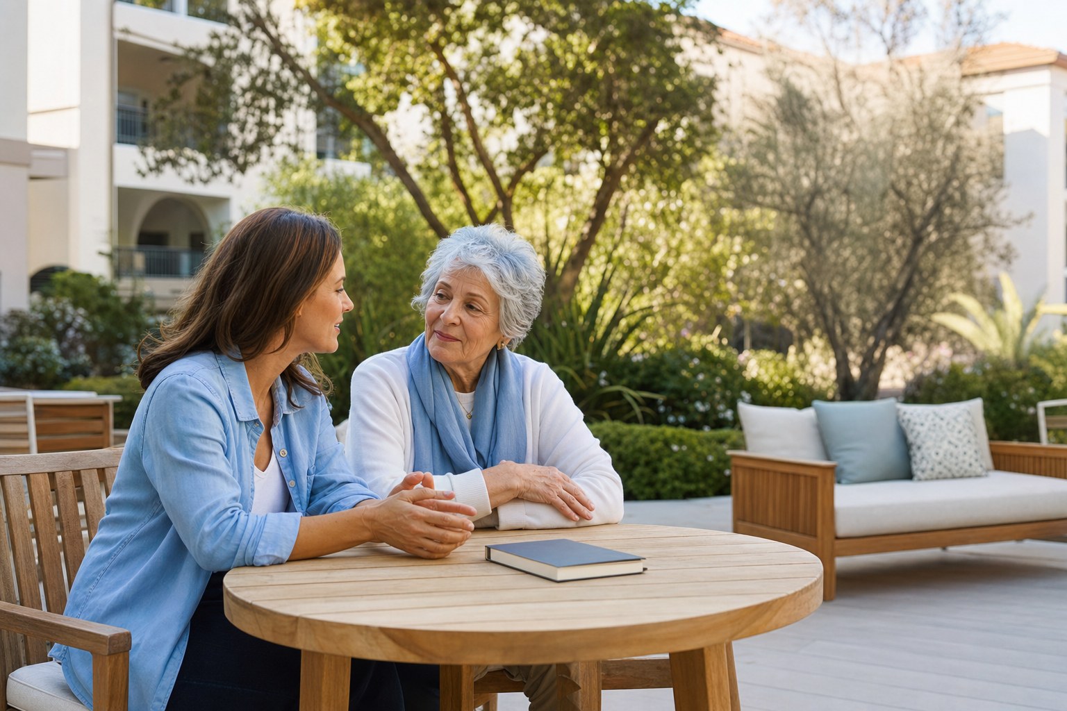 Adult daughter and older mother discussing their notes after a community tour