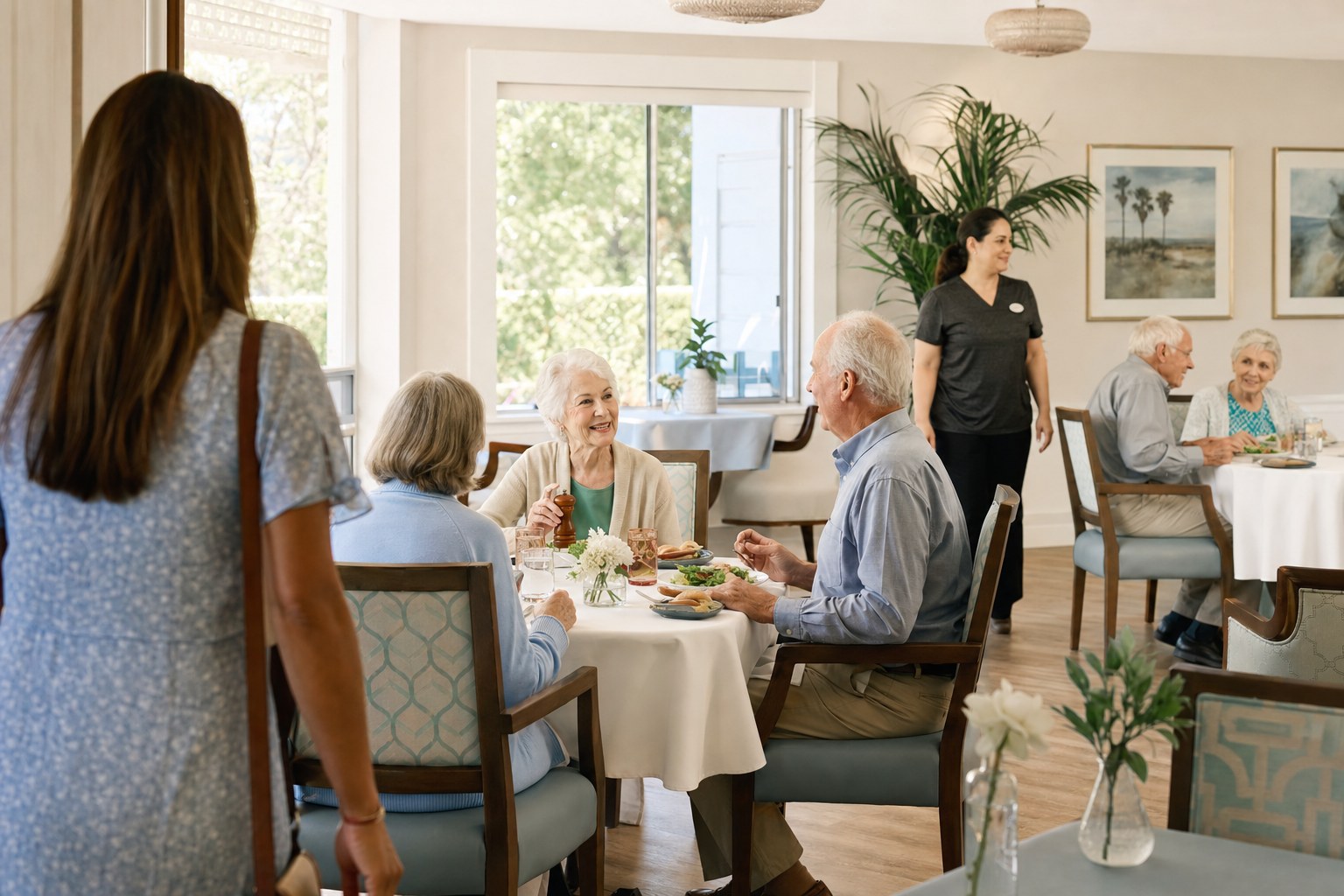 Older adults enjoying a meal in an assisted living dining room