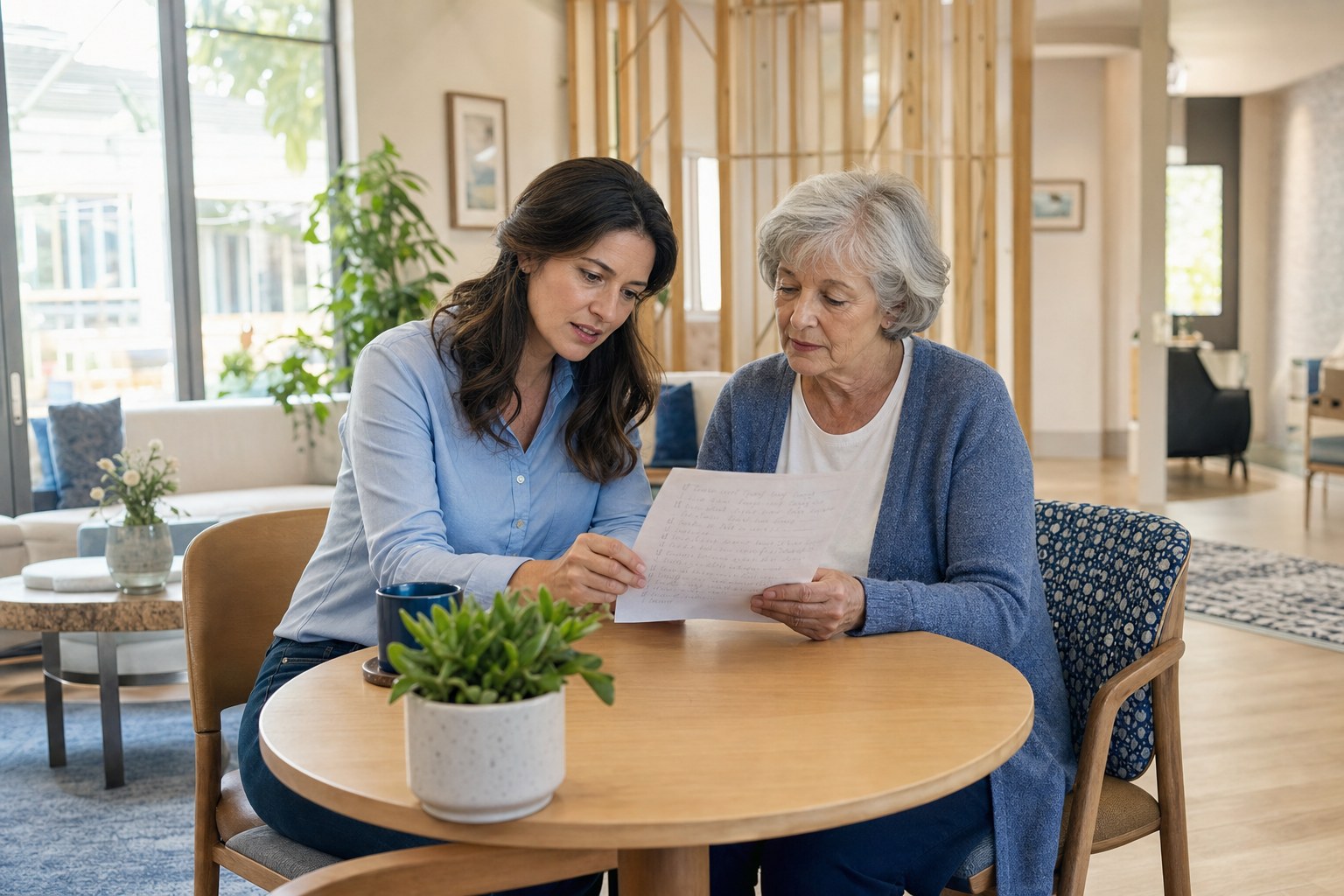 Adult daughter and older mother reviewing an assisted living tour checklist together