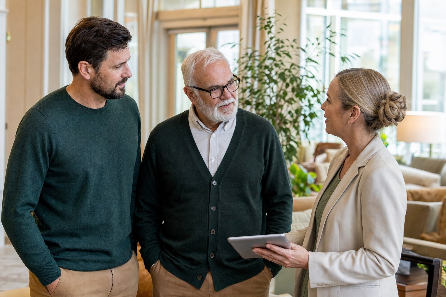 Family and senior living team member talking during a community visit