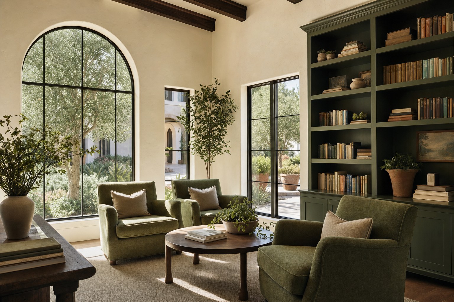 Sunlit senior living reading room with warm, residential furnishings