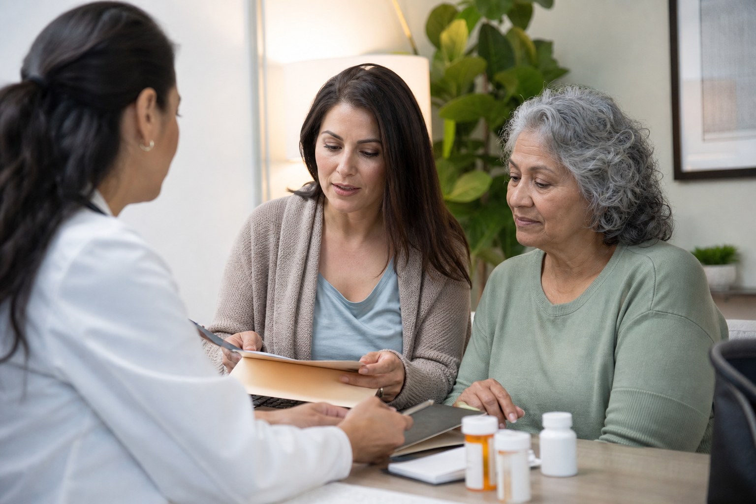 Older adult and family member discussing care information with a clinician