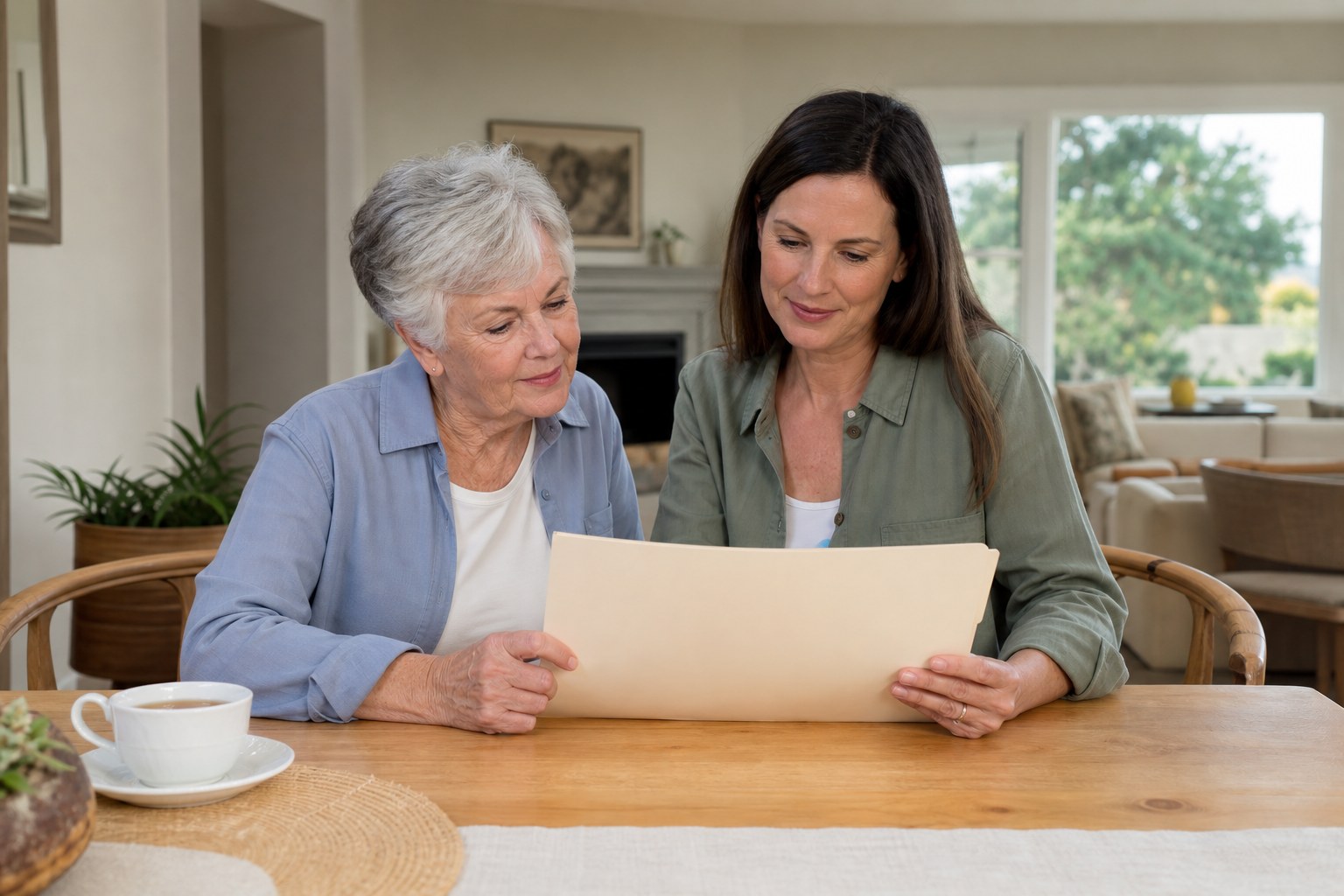 Older adult and adult daughter reviewing a folder together at home
