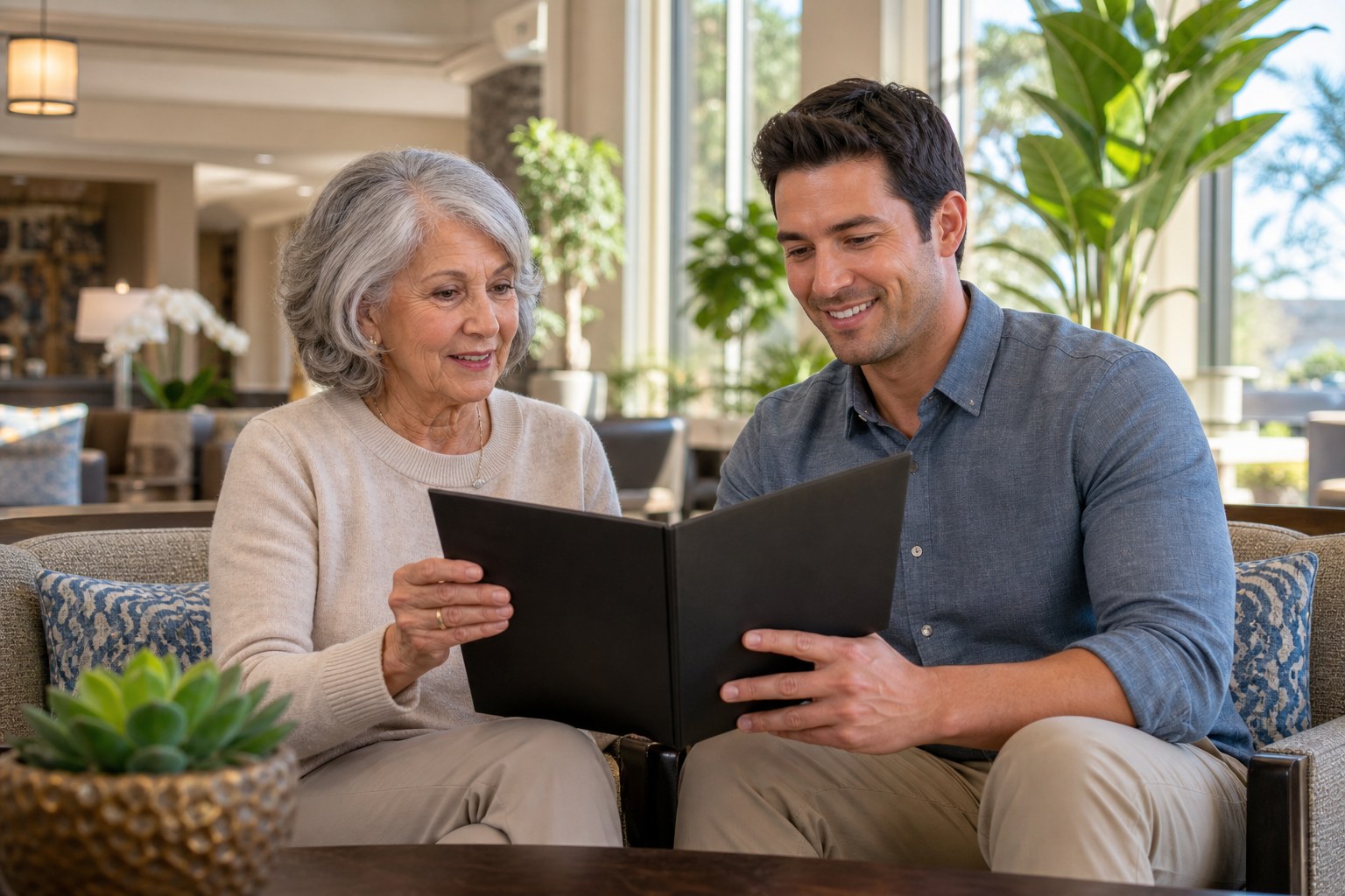 Older woman and adult son preparing for a senior living community visit