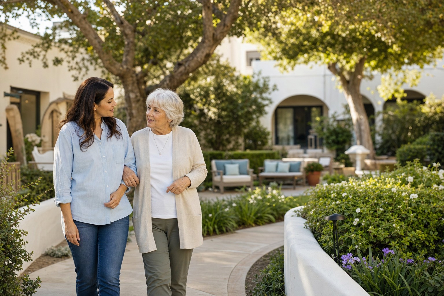 Older adult and family member walking through a sunny residential garden courtyard