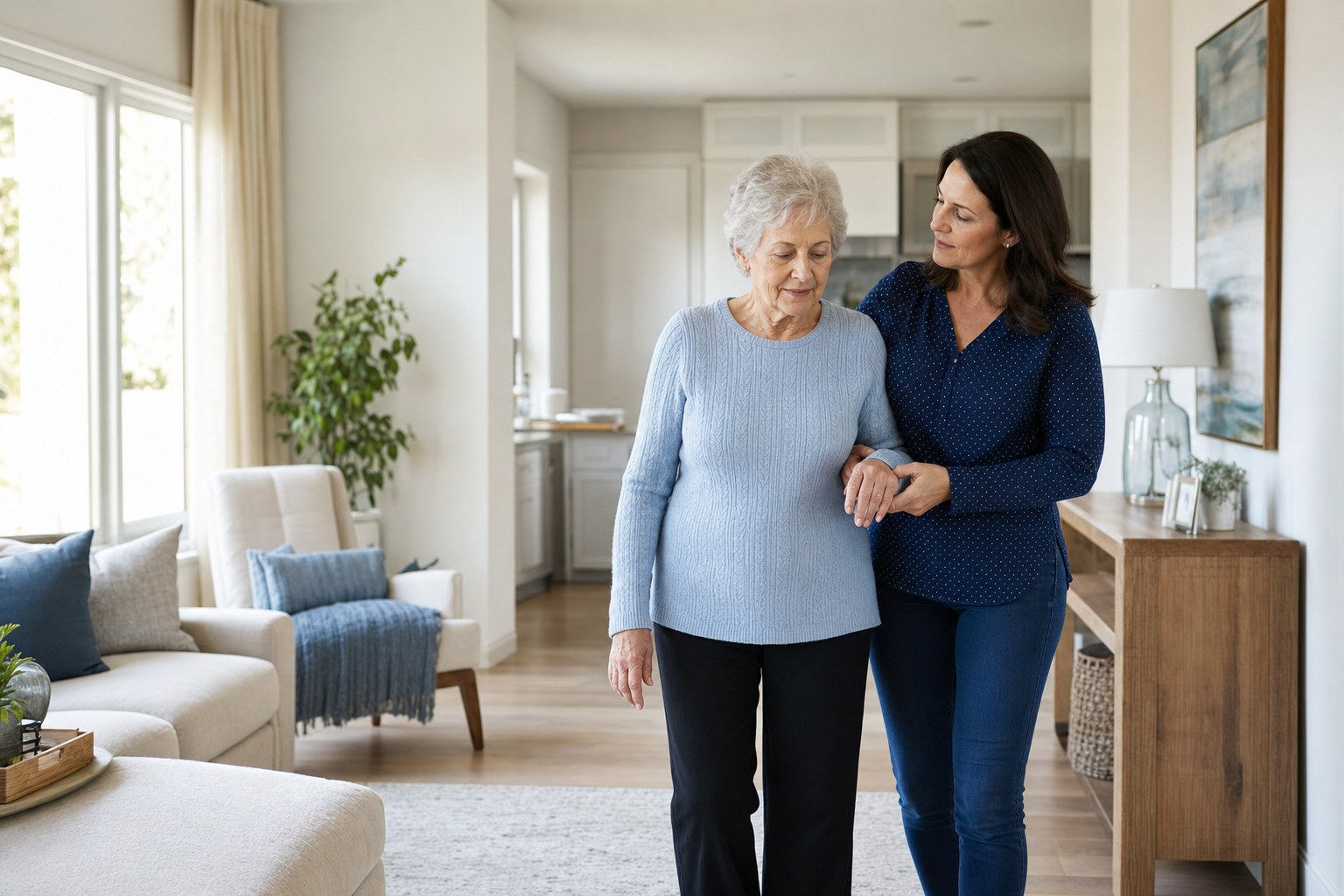 Older woman walking safely at home with support from her adult daughter