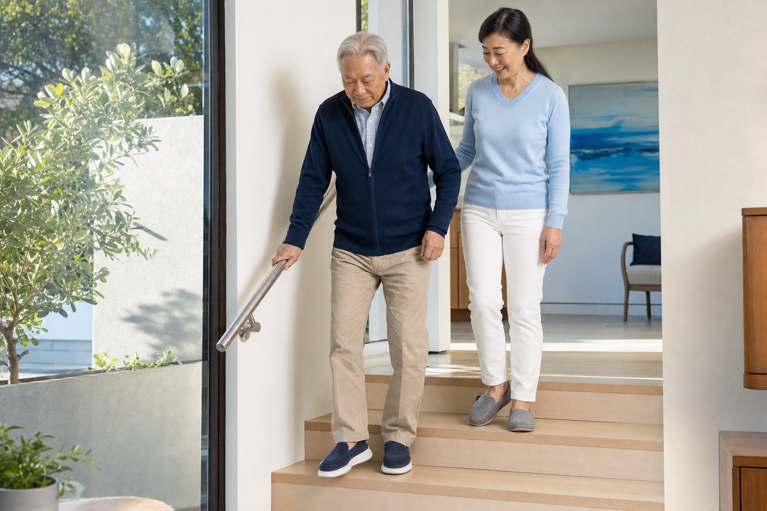 Older man using a handrail on indoor steps with a family member nearby