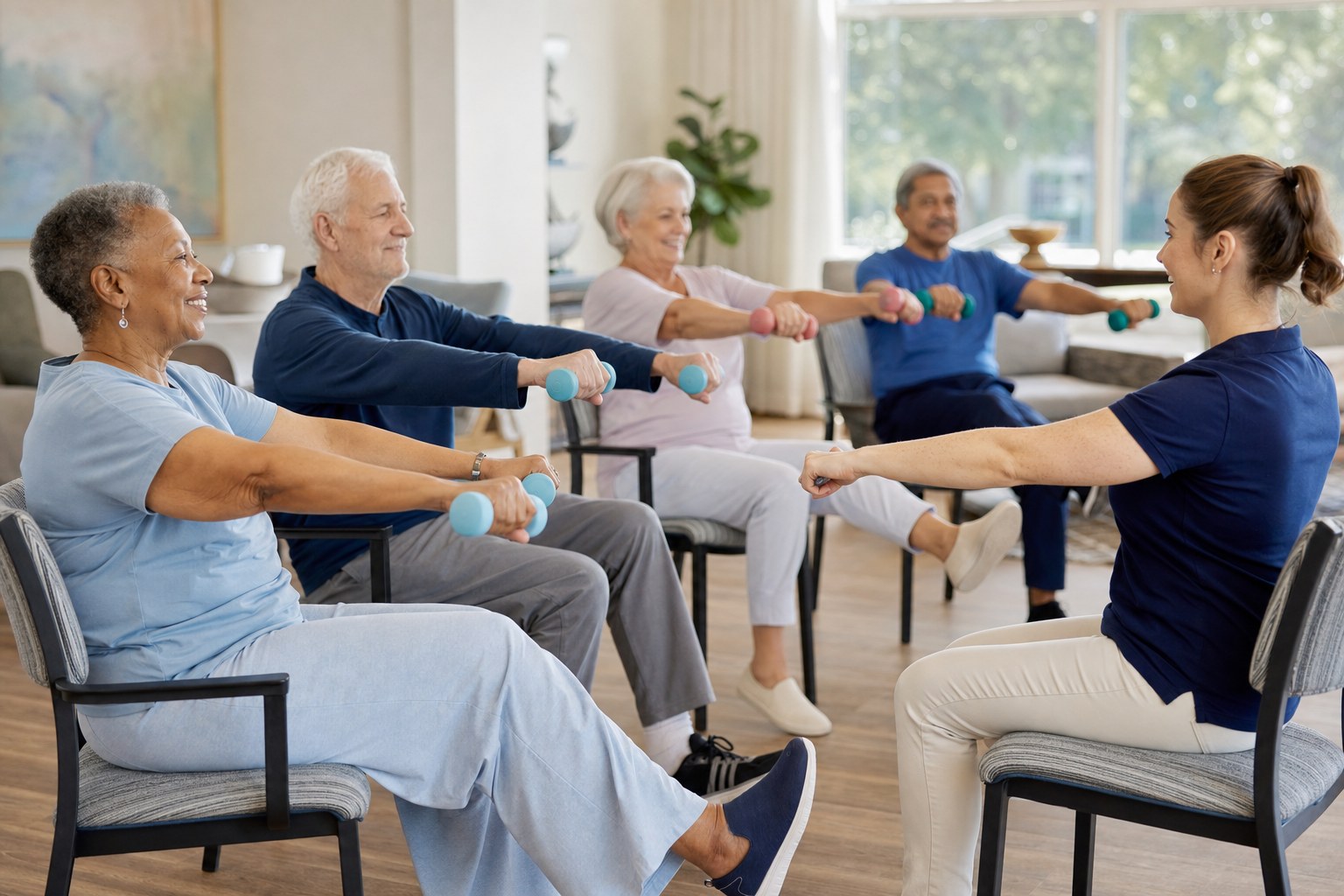 Older adults participating in a gentle seated strength class