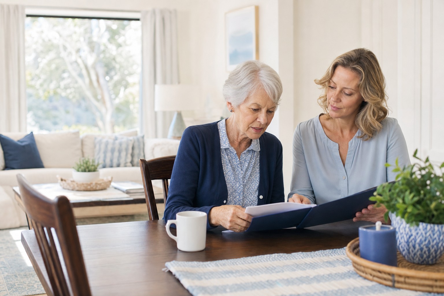 Older adult and adult daughter reviewing senior living information together at home