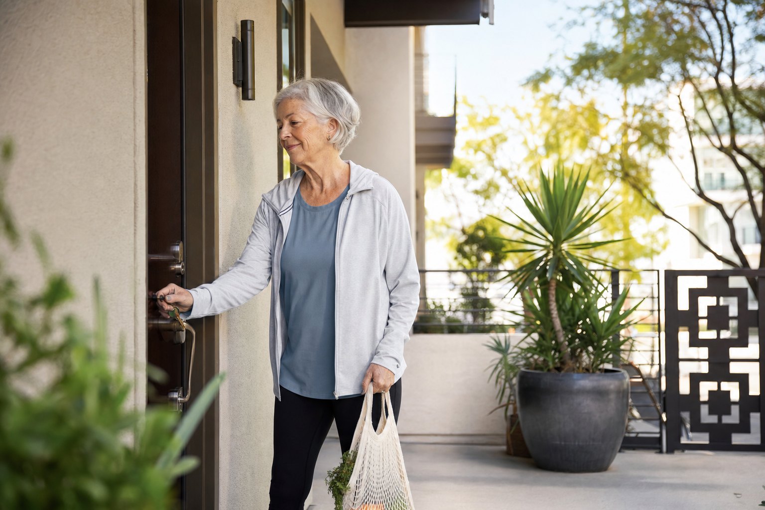 Active older adult arriving home after a neighborhood walk