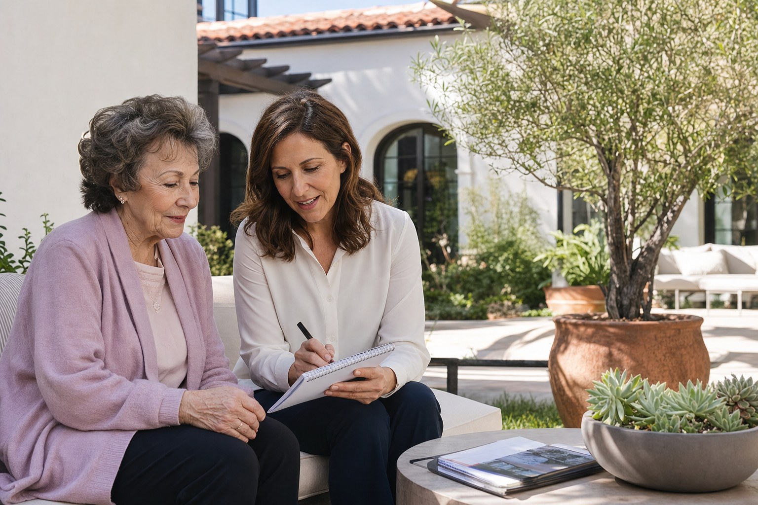 Adult daughter and older mother reviewing memory care tour notes in a sunny courtyard