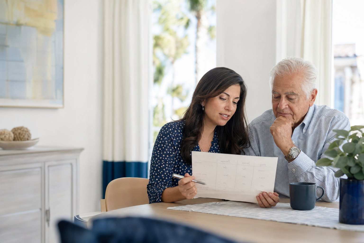 Adult daughter and older father comparing senior living options at home