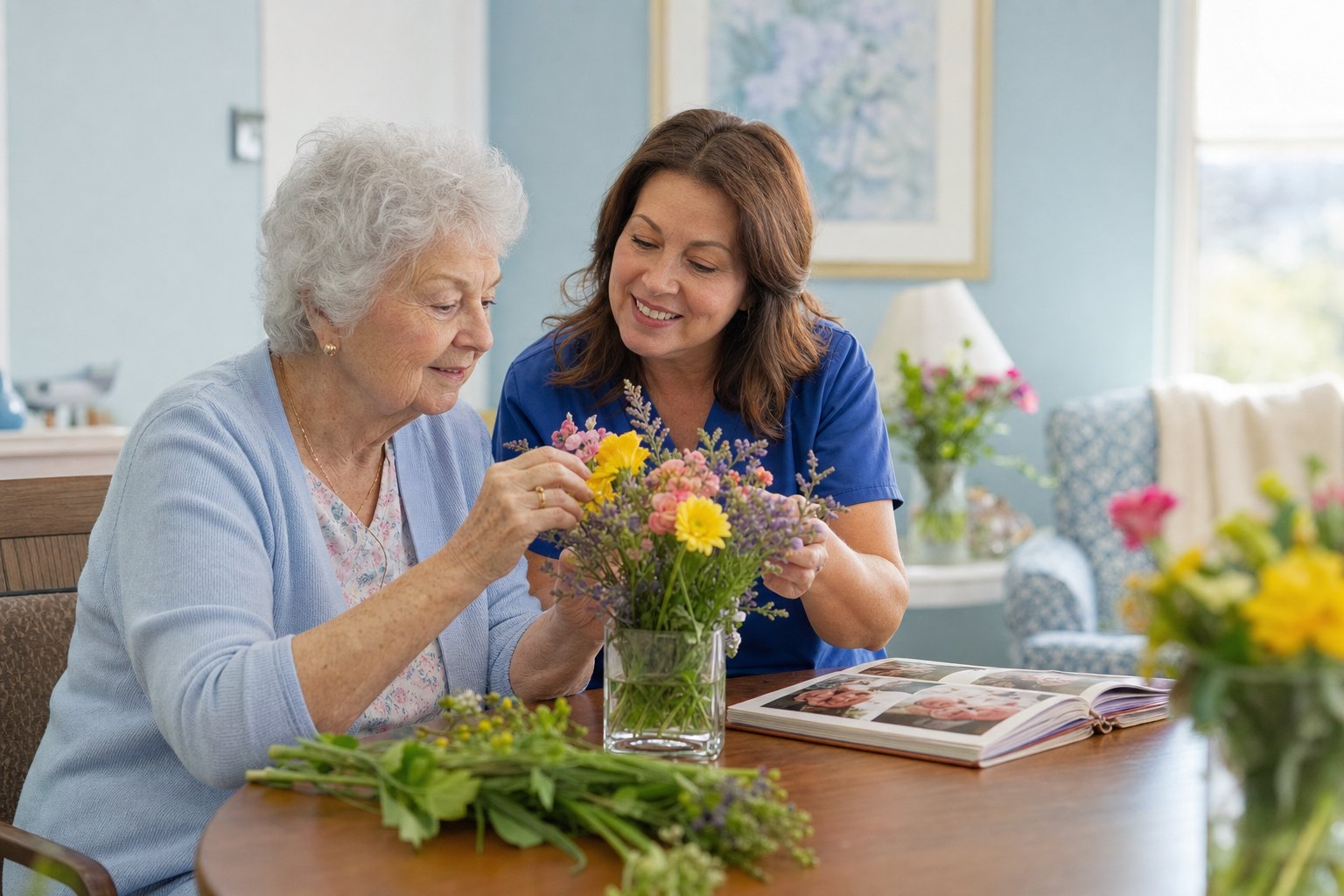Older adult and care professional arranging flowers together