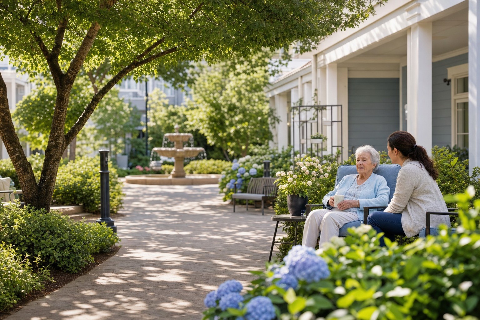 Older adult and family member spending time in a peaceful residential courtyard