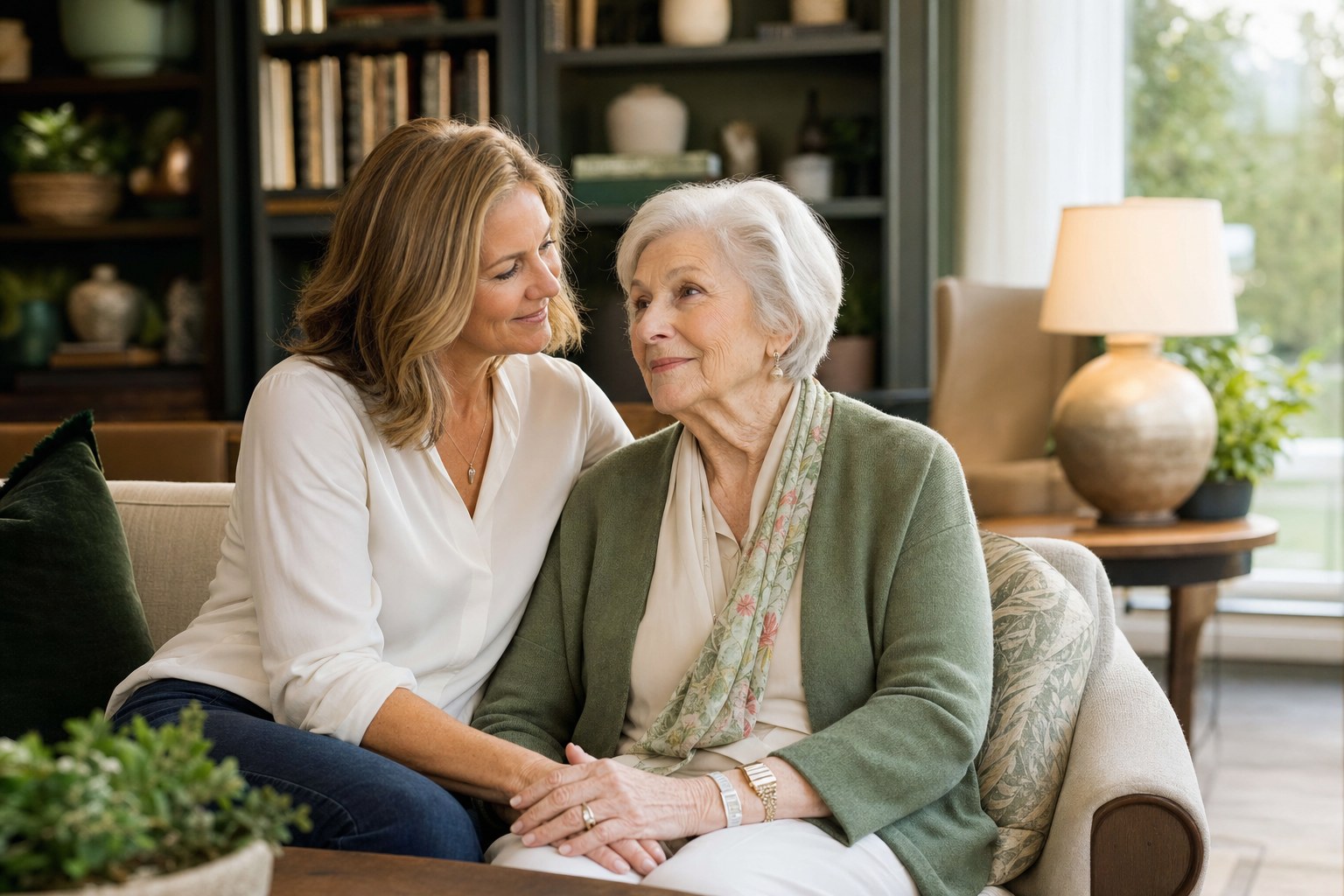 Adult daughter and older mother spending time together in a warm senior living lounge