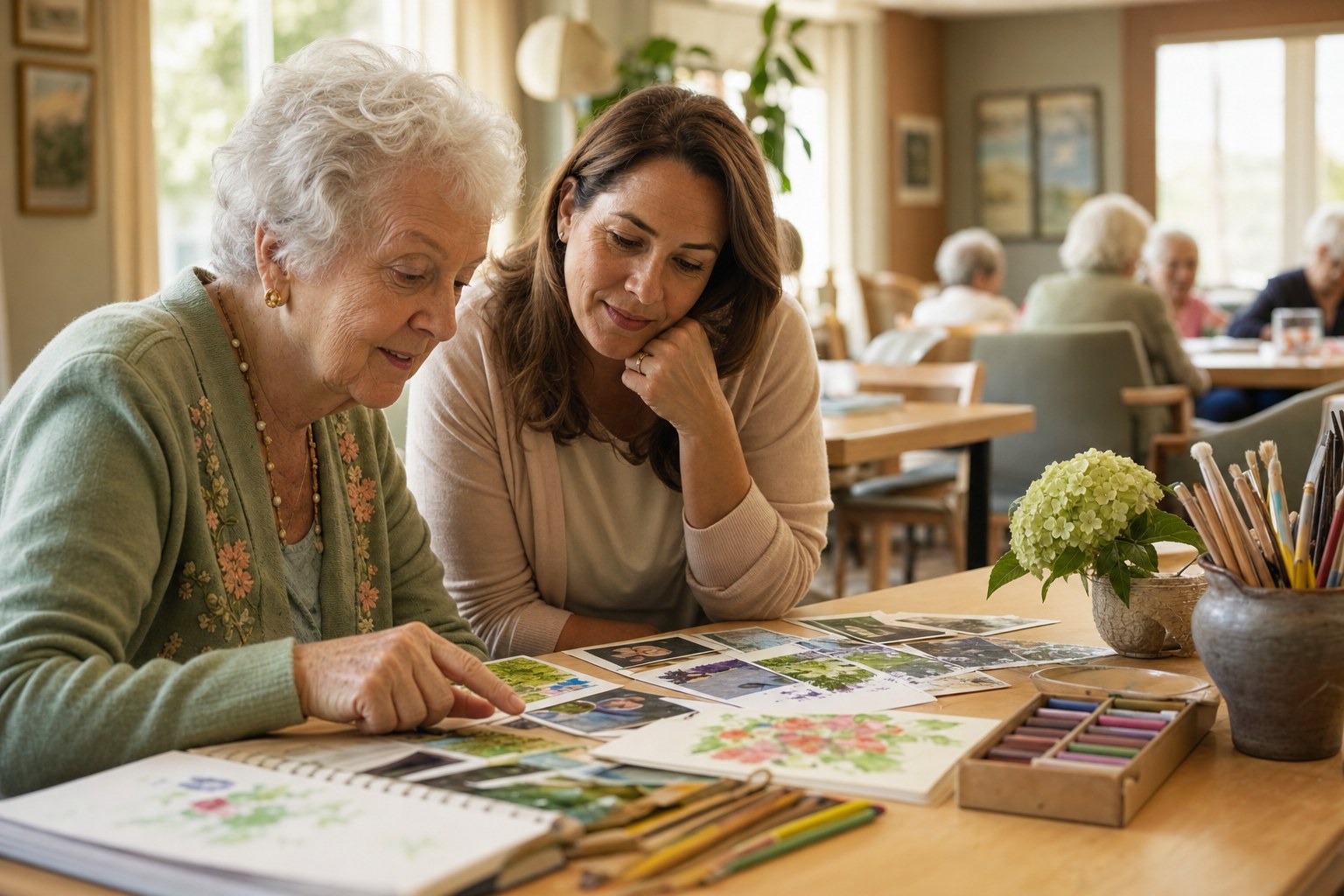 Older woman and family member exploring art activities together