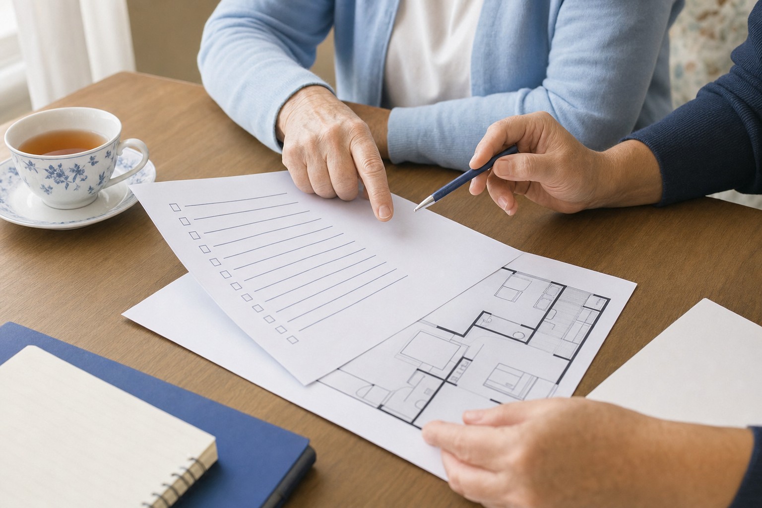 Older adult and family member reviewing a care checklist and floor plan together