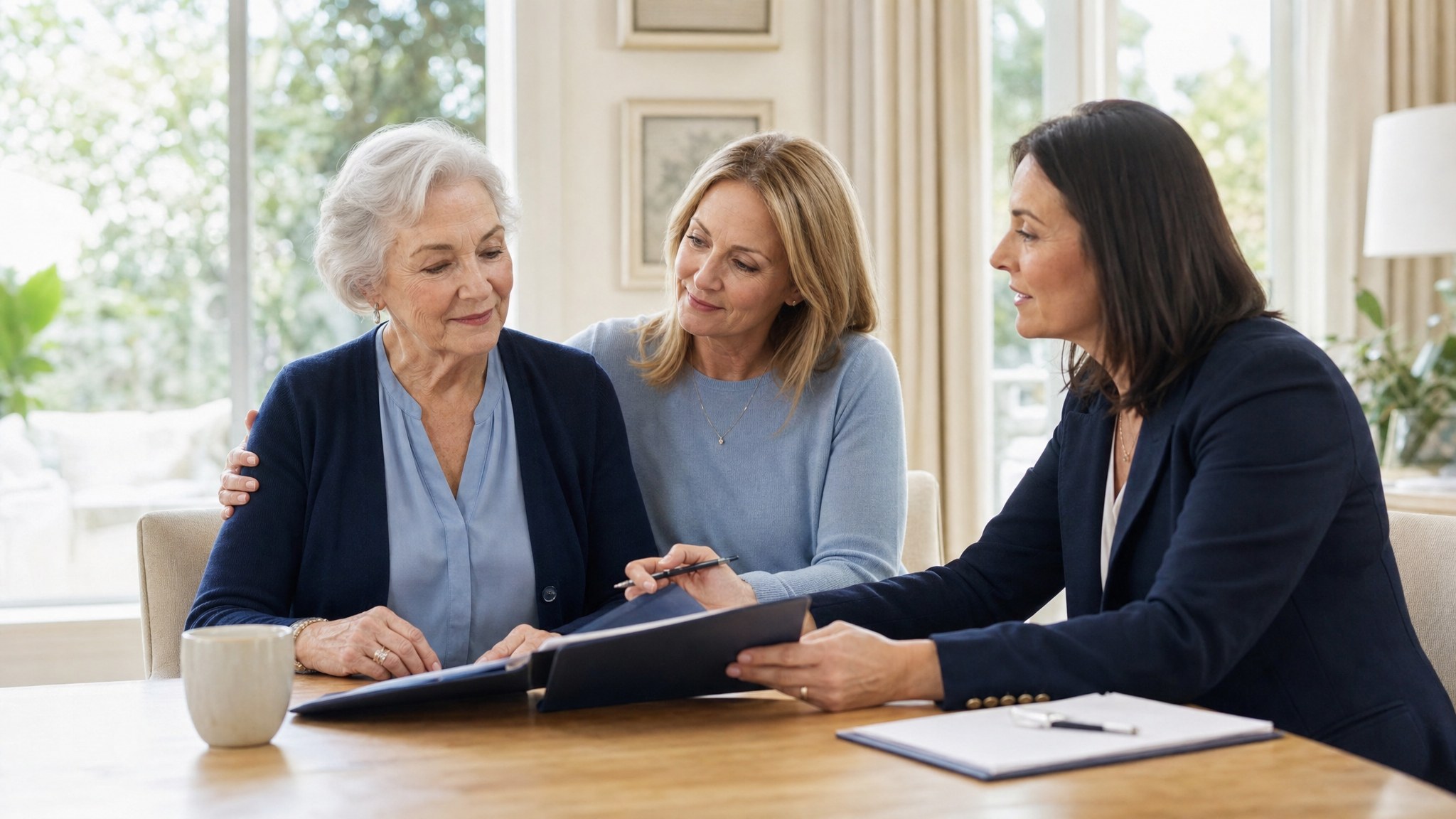 Older woman, adult daughter, and advisor reviewing senior living plans together