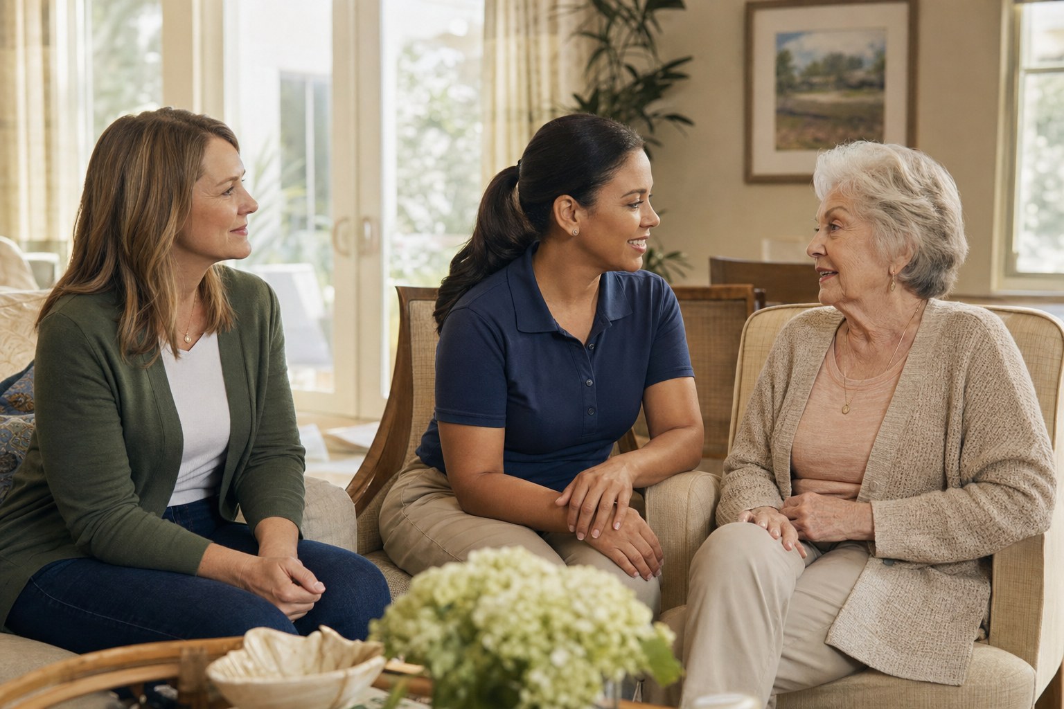 Adult daughter observing staff interaction during a senior living tour.