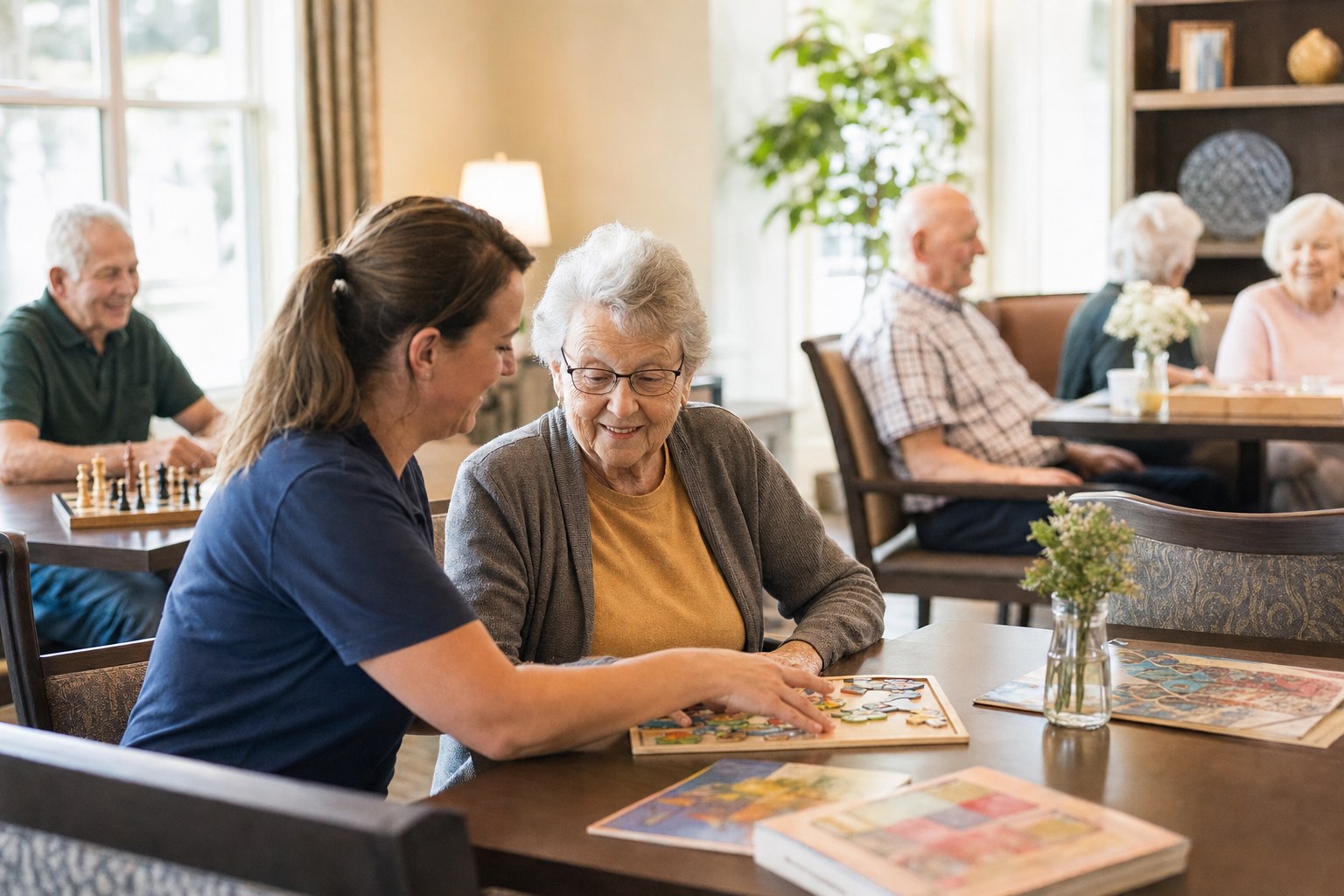 Caregiver and older adult working together on an activity in a senior living community room