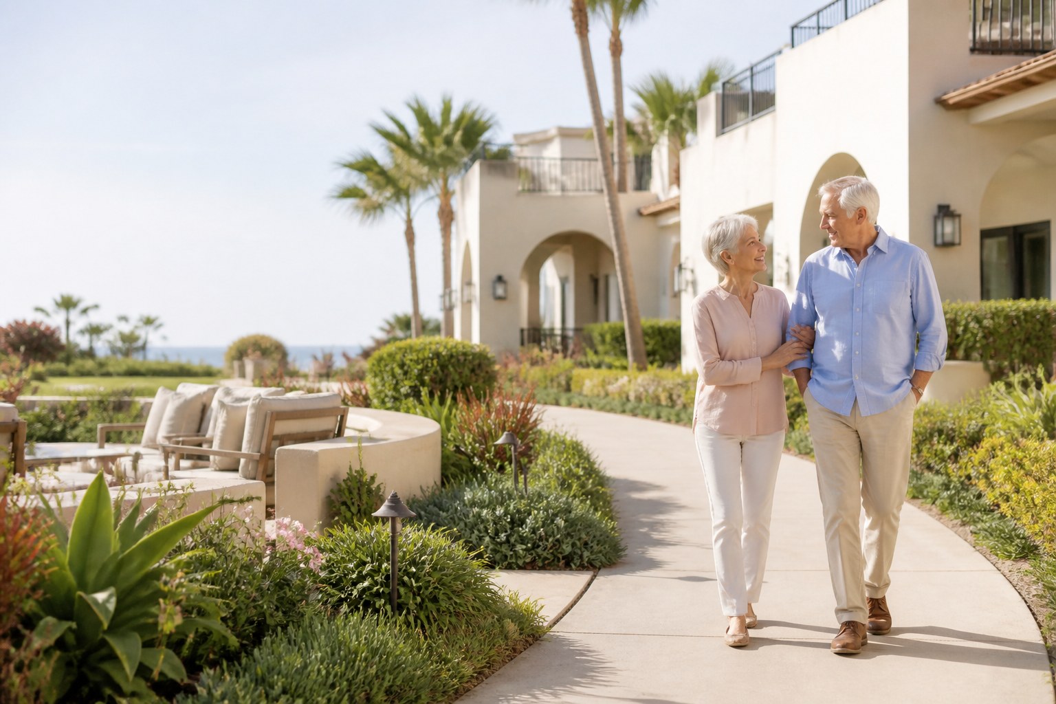 An older couple walking through a welcoming Southern California senior living community courtyard