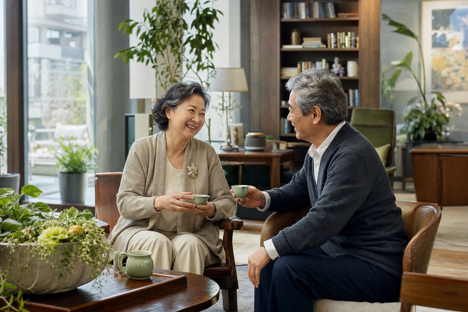 Older couple enjoying tea together in a warm contemporary residence lounge