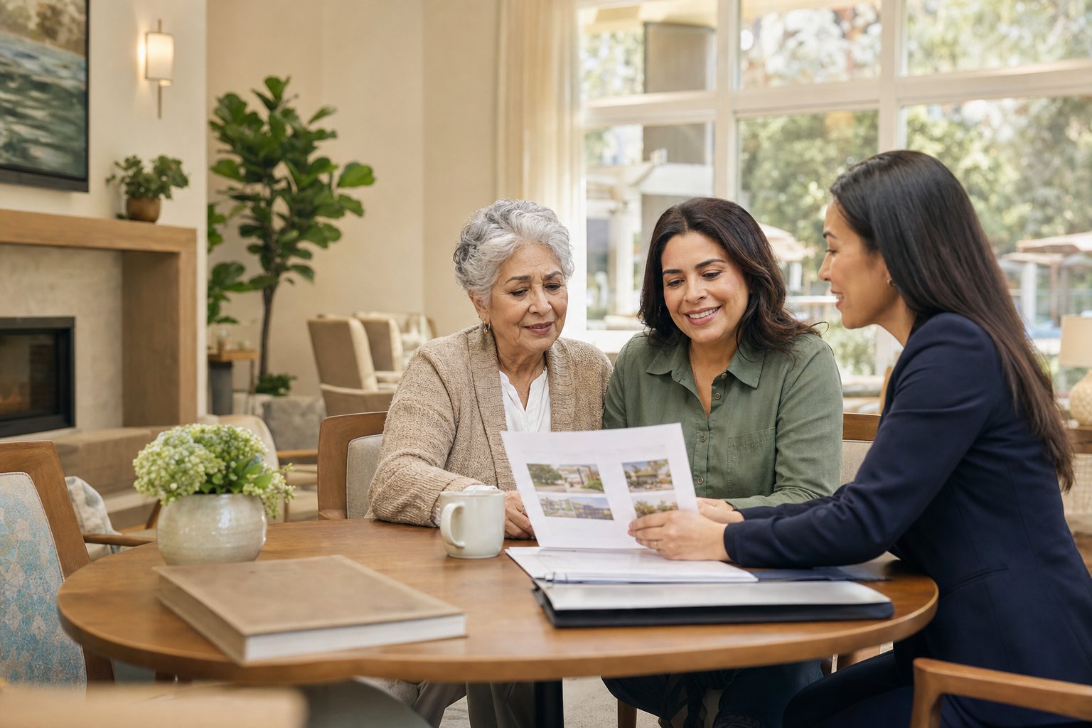 A senior, her daughter, and an advisor reviewing community options together