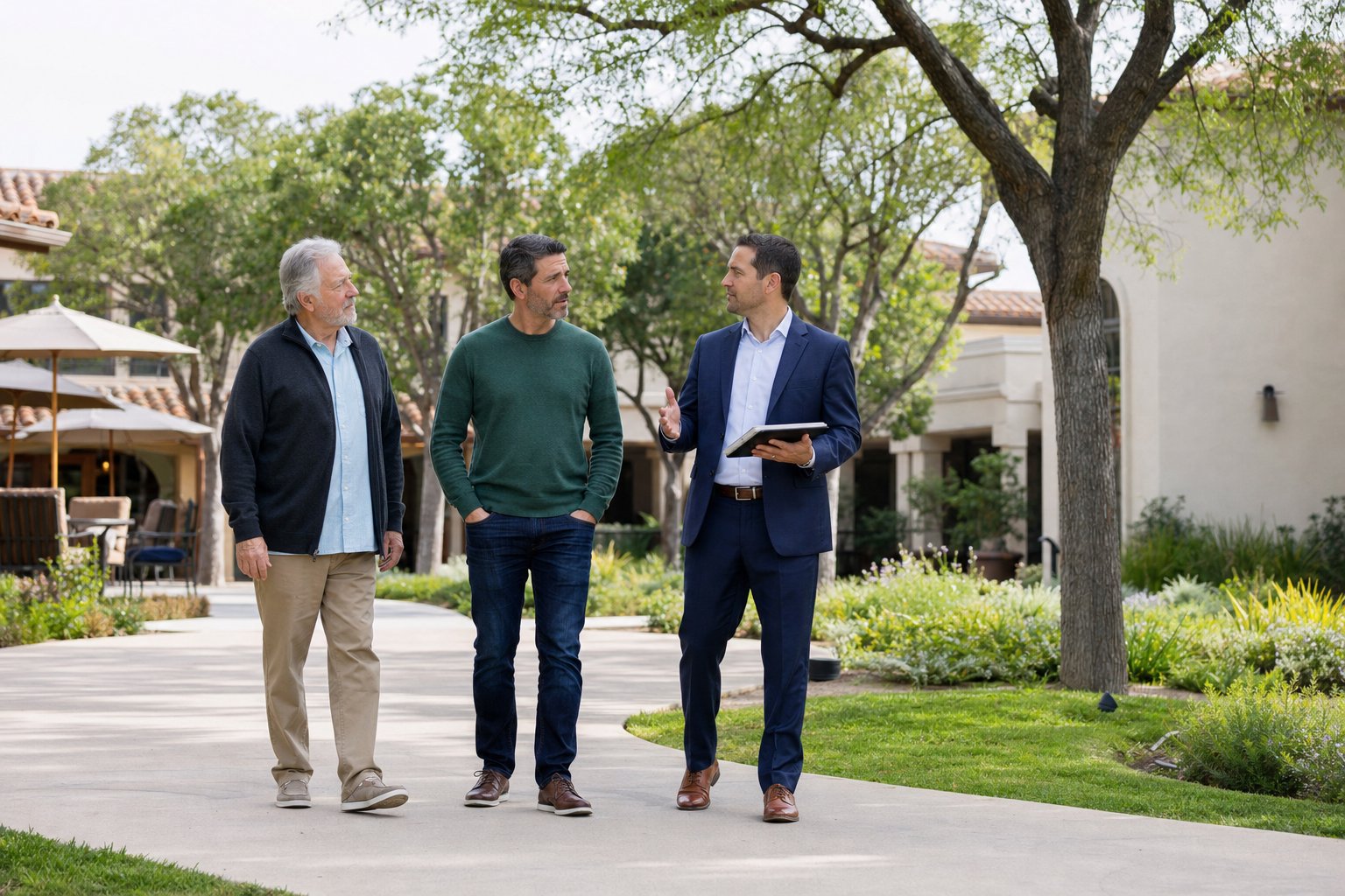 A senior, his adult son, and an advisor walking through a senior living community courtyard