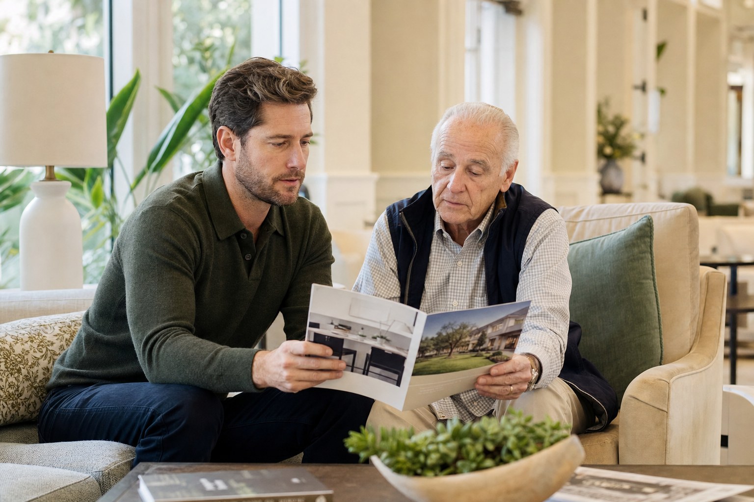 An older man and his adult son reviewing community information together